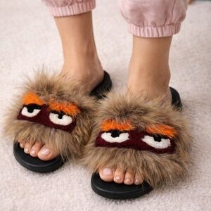Kids Furry Monster Slides - Black and Brown